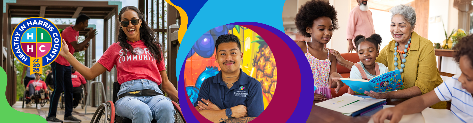 Woman in wheelchair smiling, colorful graphics and young man standing with crossed arms smiling.